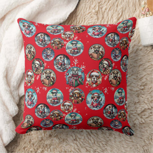 Red illustrative snowflake and dogs Santa gift Throw Pillow