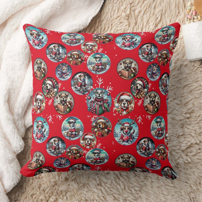 Red illustrative snowflake and dogs Santa gift Throw Pillow (Blanket)