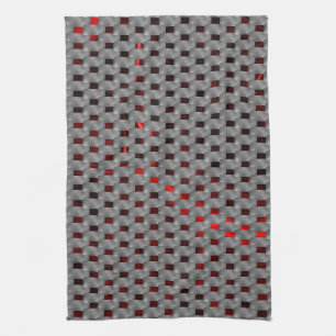 Red image under grey plates, rectangular shapes kitchen towel