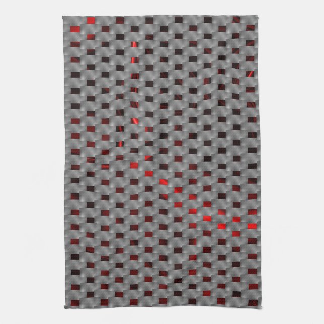 Red image under grey plates, rectangular shapes kitchen towel (Vertical)