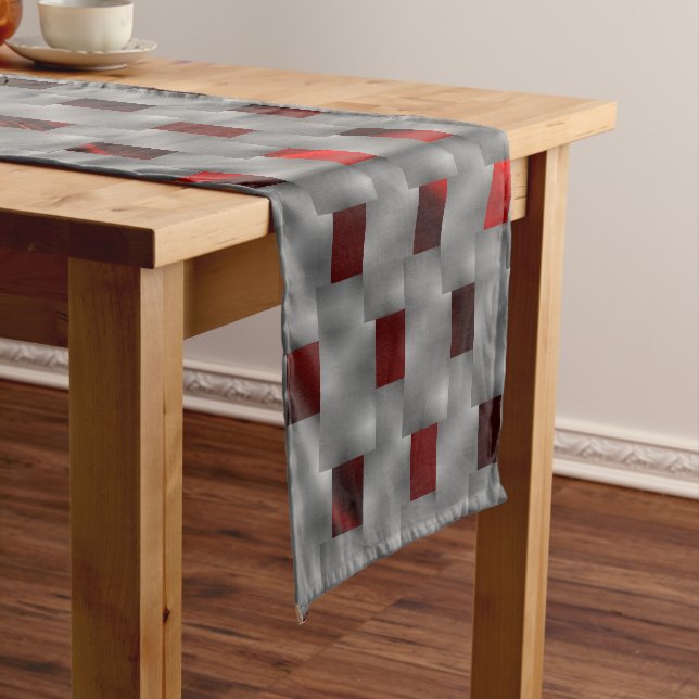 Red image under grey plates, rectangular shapes long table runner (In Situ)
