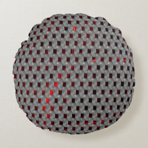 Red image under grey plates, rectangular shapes round pillow