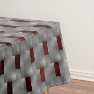 Red image under grey plates, rectangular shapes tablecloth