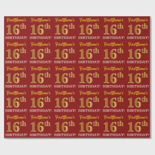 Red, Imitation Gold Look "16th BIRTHDAY" Wrapping Paper