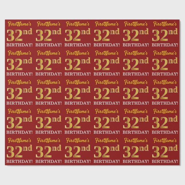 Red, Imitation Gold Look "32nd BIRTHDAY" Wrapping Paper (Flat)