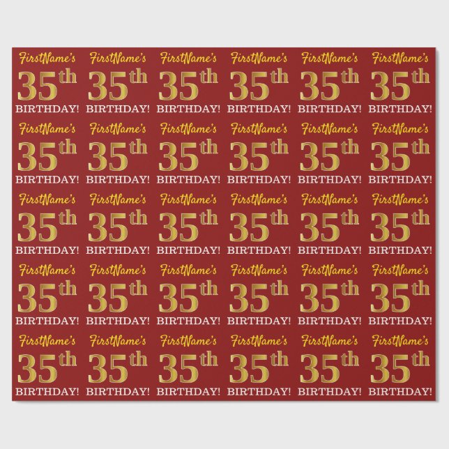 Red, Imitation Gold Look "35th BIRTHDAY" Wrapping Paper (Flat)