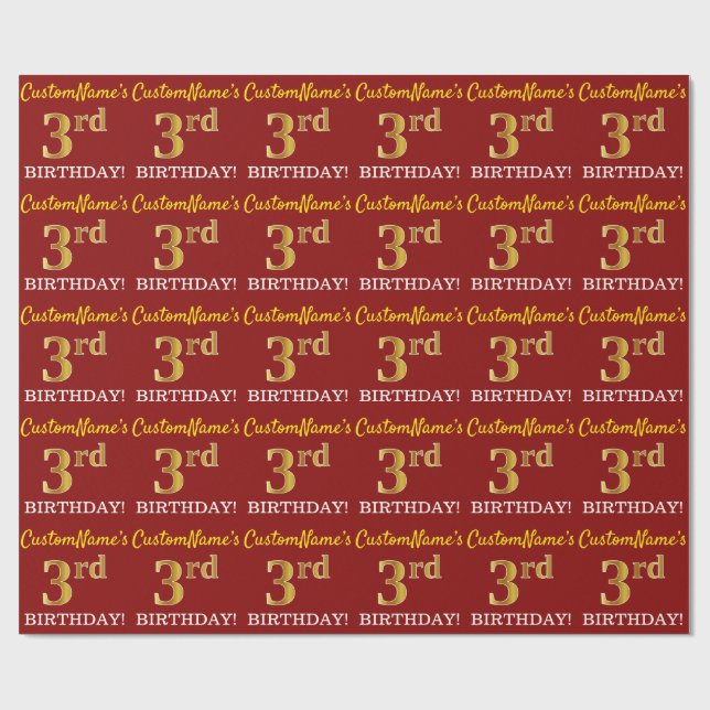 Red, Imitation Gold Look "3rd BIRTHDAY" Wrapping Paper (Flat)