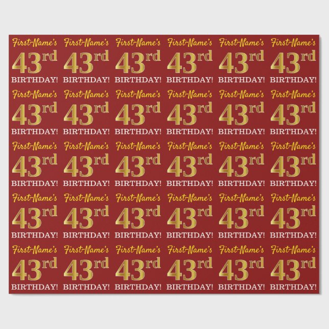 Red, Imitation Gold Look "43rd BIRTHDAY" Wrapping Paper (Flat)