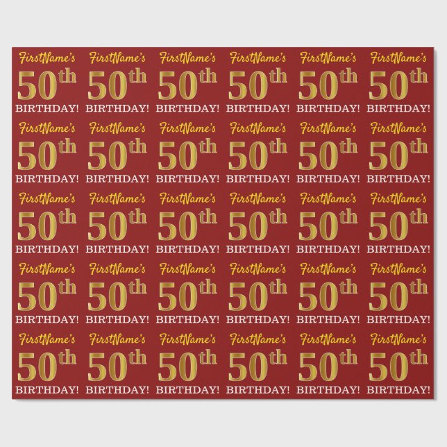 Red, Imitation Gold Look "50th BIRTHDAY" Wrapping Paper (Flat)