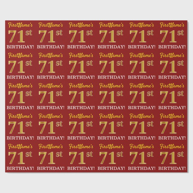 Red, Imitation Gold Look "71st BIRTHDAY" Wrapping Paper (Flat)