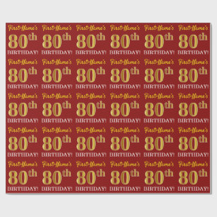 Red, Imitation Gold Look "80th BIRTHDAY" Wrapping Paper