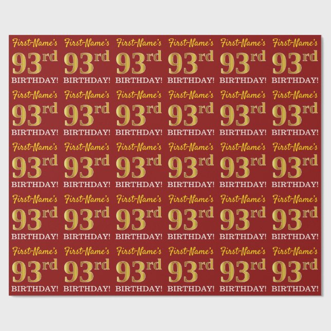 Red, Imitation Gold Look "93rd BIRTHDAY" Wrapping Paper (Flat)