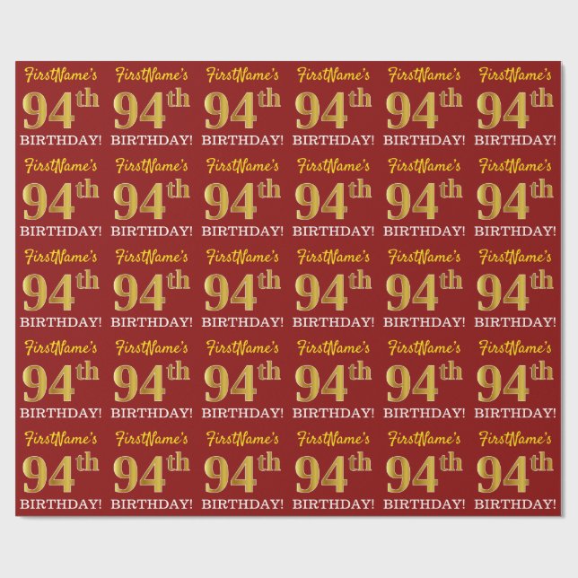 Red, Imitation Gold Look "94th BIRTHDAY" Wrapping Paper