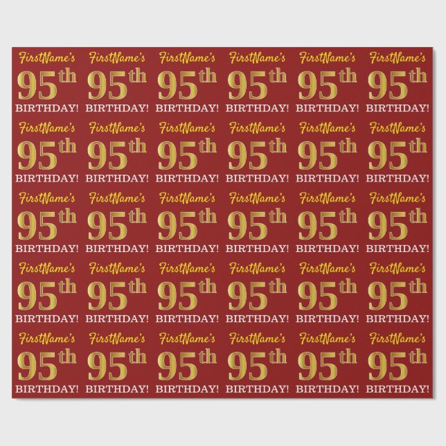 Red, Imitation Gold Look "95th BIRTHDAY" Wrapping Paper (Flat)