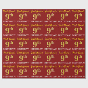 Red, Imitation Gold Look "9th BIRTHDAY" Wrapping Paper