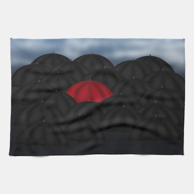 Red in a Black Sea of Umbrellas Kitchen Towel (Horizontal)