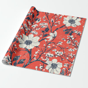Red Indigo Folk Winter Floral Snow Pattern Wrapping Paper
