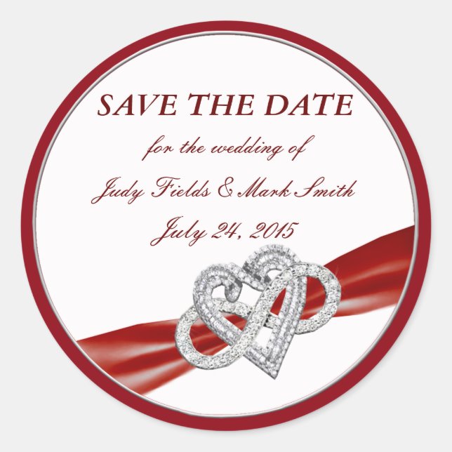 Red Infinity Heart Save The Date Stickers (Front)