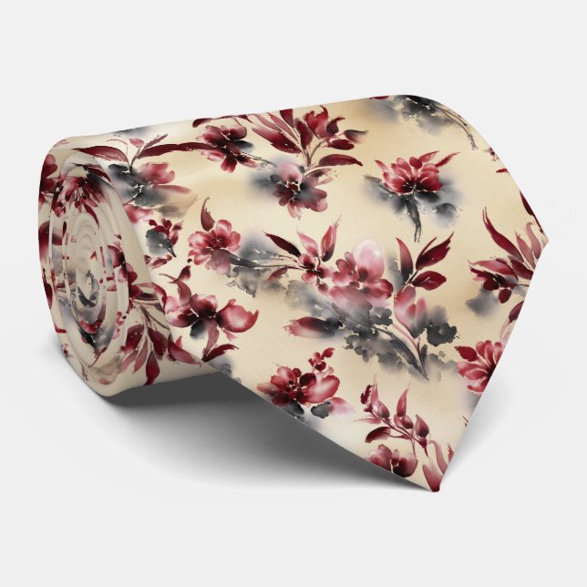 Red Ink Wash Floral Pattern Tie (Rolled)