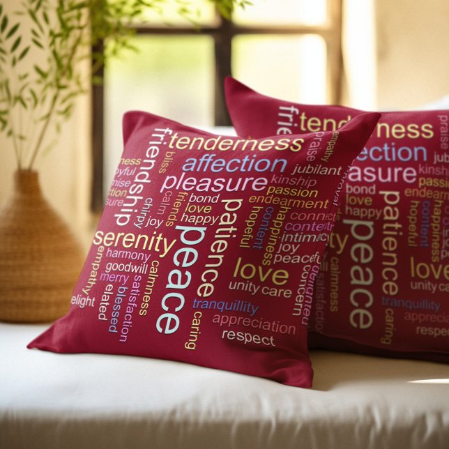 Red Inspirational Peace and Love Word Cloud Throw Pillow (Creator Uploaded)