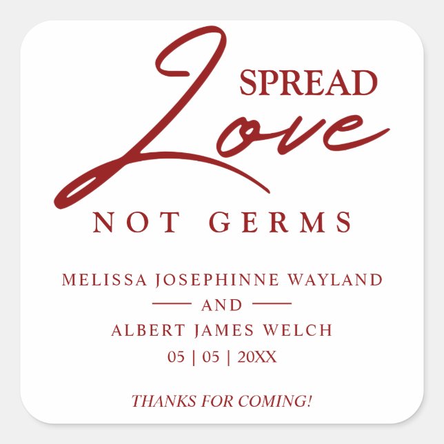 Red Inspirational Quote Wedding Sanitizer Hand Gel Square Sticker (Front)
