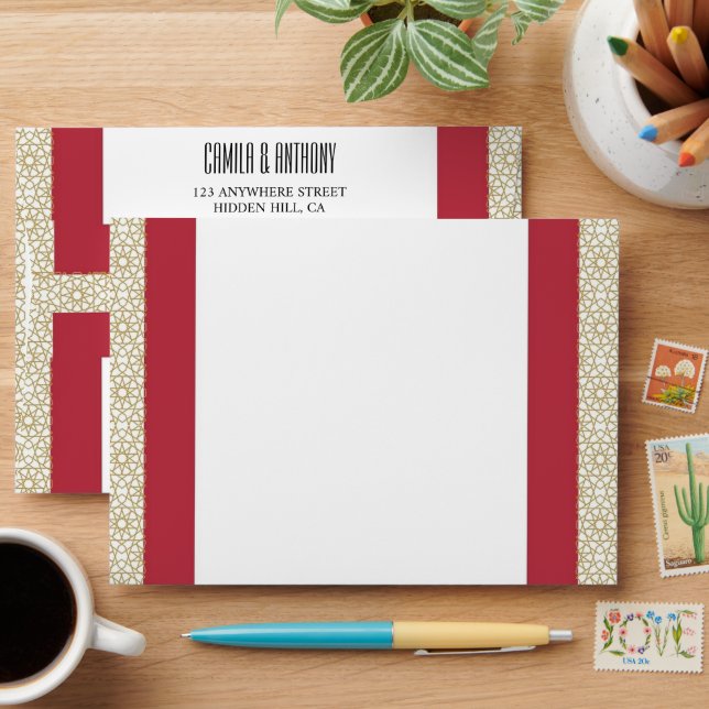 Red Islamic Geometric Border Wedding Envelope (Desk)