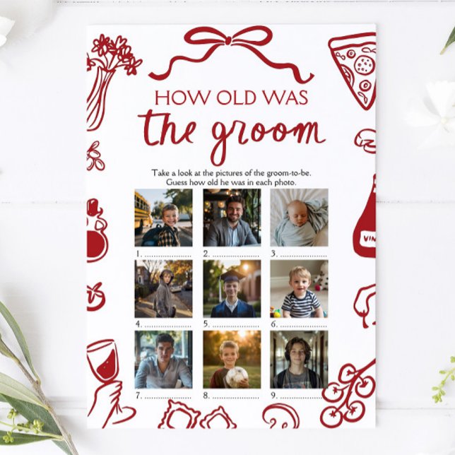 Red Italian Hand Drawn How Old Was The Bride Game Invitation (Red Italian Hand Drawn How Old Was The Groom Game)