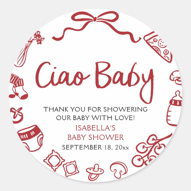Red Italian Hand Drawn Pizza Ciao Baby Baby Shower Classic Round Sticker (Front)