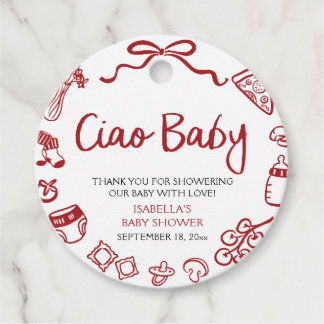 Red Italian Hand Drawn Pizza Ciao Baby Baby Shower Favour Tags