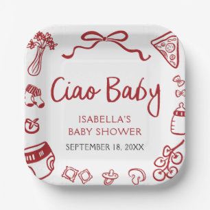 Red Italian Hand Drawn Pizza Ciao Baby Baby Shower Paper Plate
