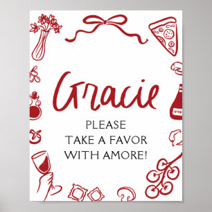 Red Italian Hand Drawn Pizza Pasta Favors Sign