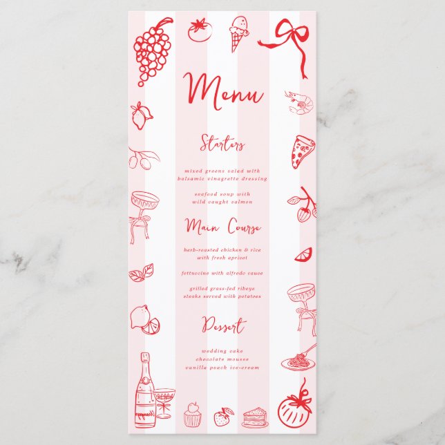 Red Italian Hand Drawn Wedding Bridal Shower Menu (Front)