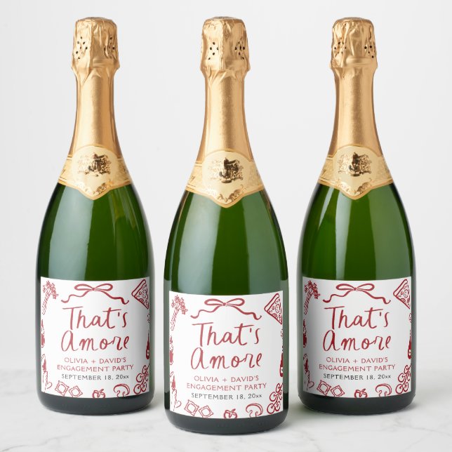 Red Italian That's Amore Pizza Engagement Party Sparkling Wine Label (Bottles)