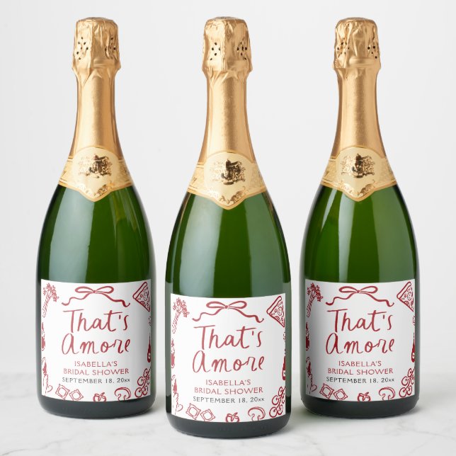 Red Italian That's Amore Pizza Pasta Bridal Shower Sparkling Wine Label (Bottles)