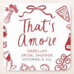 Red Italian That's Amore Pizza Pasta Bridal Shower Square Paper Coaster<br><div class="desc">🍕 That’s Amore Bridal Shower Coasters – Whimsical Red Italian Pizza & Pasta Charm! 💍 Add a delicious touch of amore to your bridal shower with these That’s Amore square paper coasters! Featuring whimsical hand-drawn pizza slices, pasta bowls, wine glasses, and romantic red-and-white coquette accents, they’re the perfect blend of...</div>