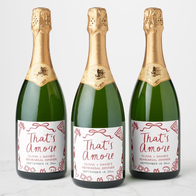 Red Italian That's Amore Pizza Rehearsal Dinner Sparkling Wine Label (Bottles)