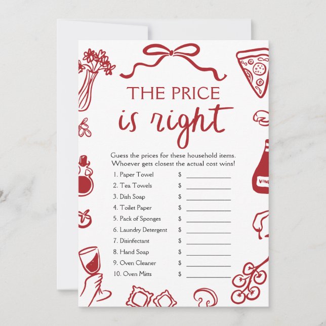 Red Italian The Price is Right Bridal Shower Game Invitation (Front)