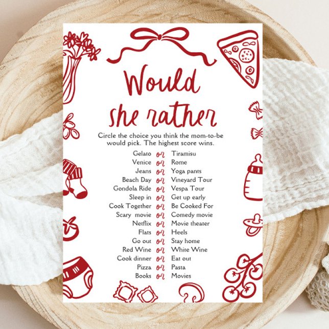Red Italian Would She Rather Baby Shower Game Invitation (Red Italian Would She Rather Baby Shower Game)