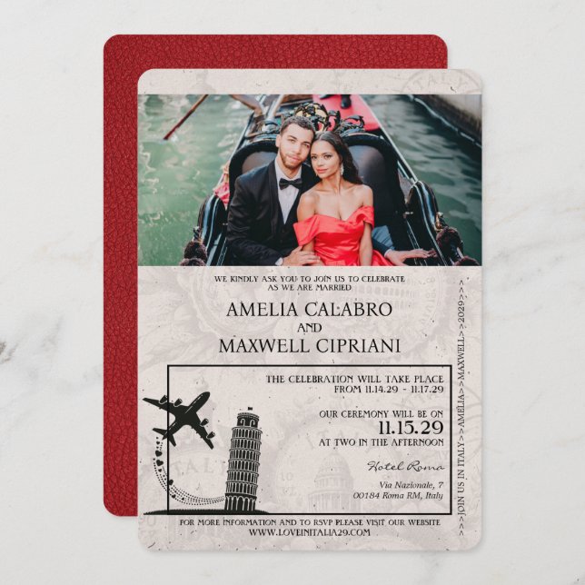Red Italy Passport Wedding Invitation (Front/Back)