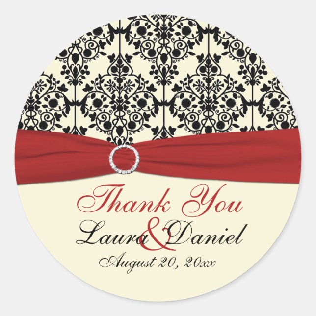 Red, Ivory, and Black Damask 3" Thank You Sticker (Front)
