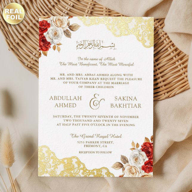 Red Ivory Floral Gold Lace QR Code Muslim Wedding (Creator Uploaded)