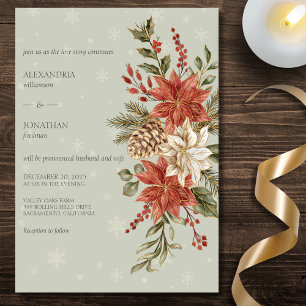 Red & Ivory Poinsettias in Snow on Sage Wedding  Invitation