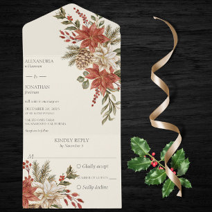 Red & Ivory Poinsettias on Ivory  All In One Invitation