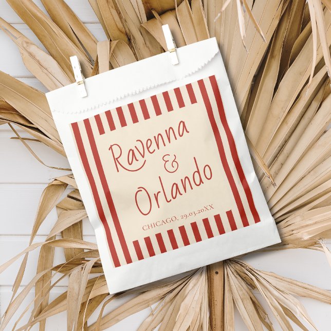 Red Ivory Stripes Retro Minimalist Wedding Favour Bag (Creator Uploaded)