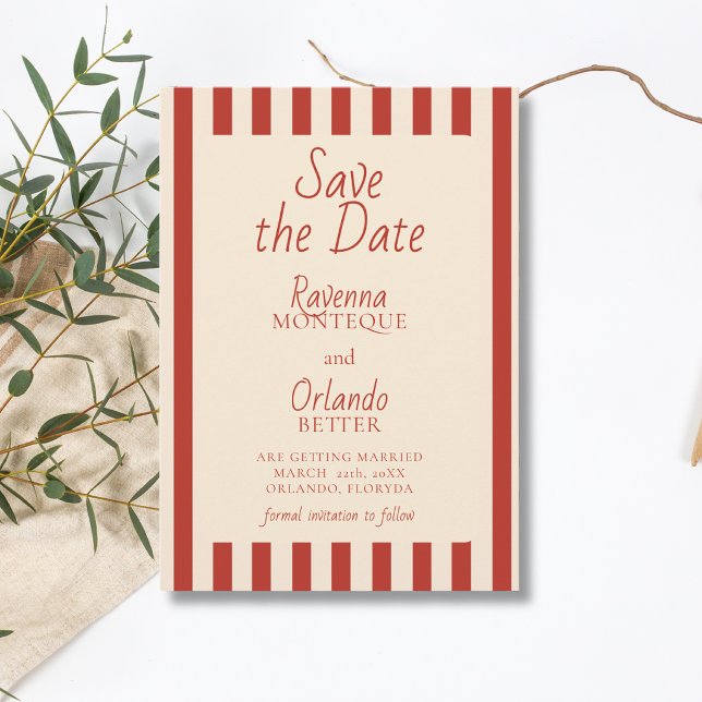 Red Ivory Stripes Retro Minimalist Wedding Save The Date (Creator Uploaded)