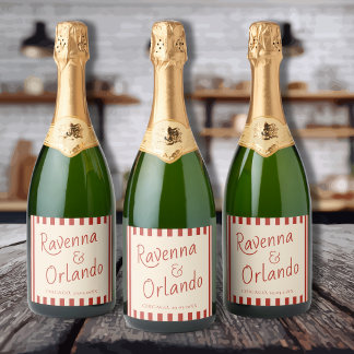 Red Ivory Stripes Retro Minimalist Wedding Sparkling Wine Label