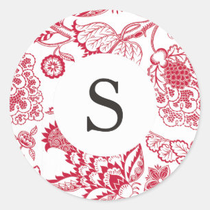 Red Jacobean Customizable Monogram Classic Round Sticker