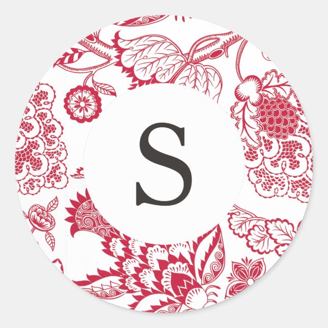 Red Jacobean Customizable Monogram Classic Round Sticker (Front)