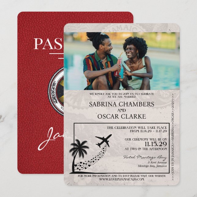 Red Jamaica Passport Wedding Invitation (Front/Back)