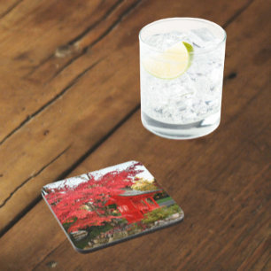 Red Japanese Maple and Garden Shrine Coaster